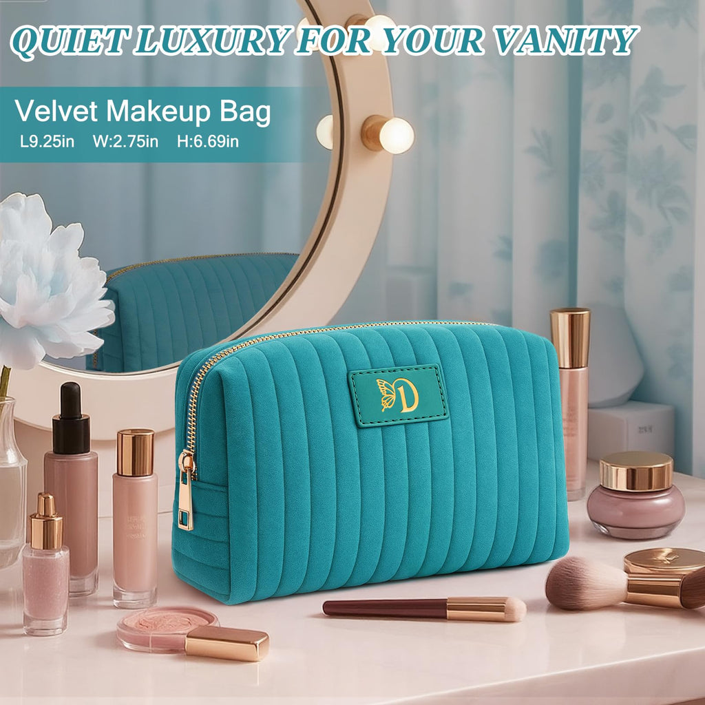 BagUrshion Monogrammed Make Up Bags for Women,Personalized Cosmetic Bags Women,Small Quilted Makeup Pouch,Cute Makeup Bag Travel,Birthday Gifts for Teen Girl (Blue D)