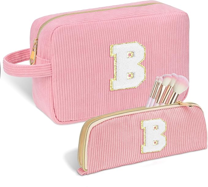 Sernaxi Personalized Initial Makeup Bag Trendy Stuff Corduroy Cosmetic Bag Travel Toiletry Bag, Valentine’s Day Gift Makeup Organizer Case & Makeup Pouch for Women teen Girls Mom Girlfriend Wife