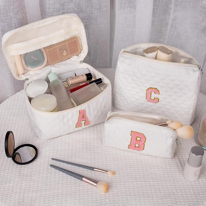 Initial Makeup Bag, Personalized Monogram Cosmetic Bag Set, Large Make up Bags | Travel Toiletry Bag | Makeup Bag for Girls Teen Girl Friend Sister Wife Girlfriend Gifts Daughter (Letter M)