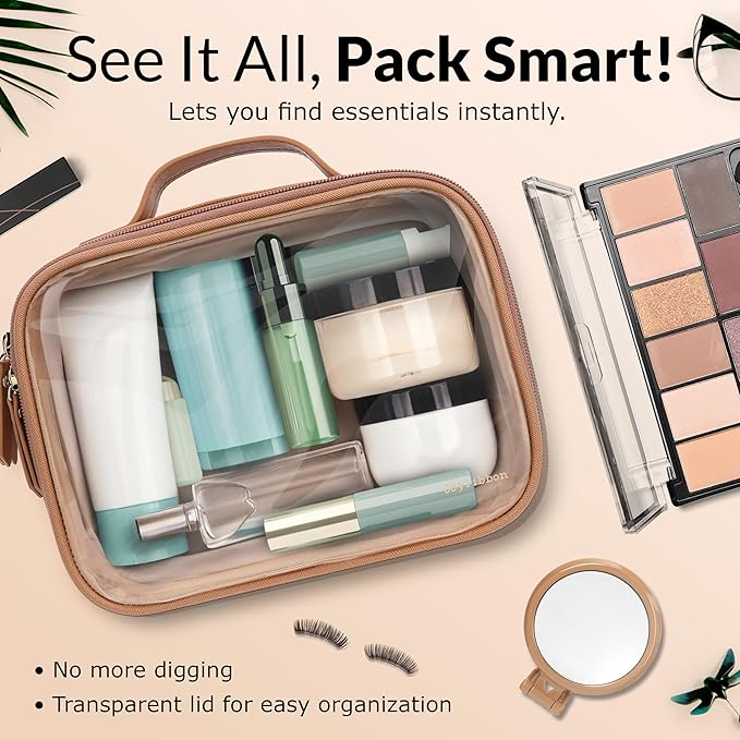 Clear Makeup Bag Set, Travel Cosmetic Bags with Transparent TPU Front, 3PCS (Large & Small Pouches + Compact Mirror), Saffiano PU Leather Toiletry Organizer for Women, Nude