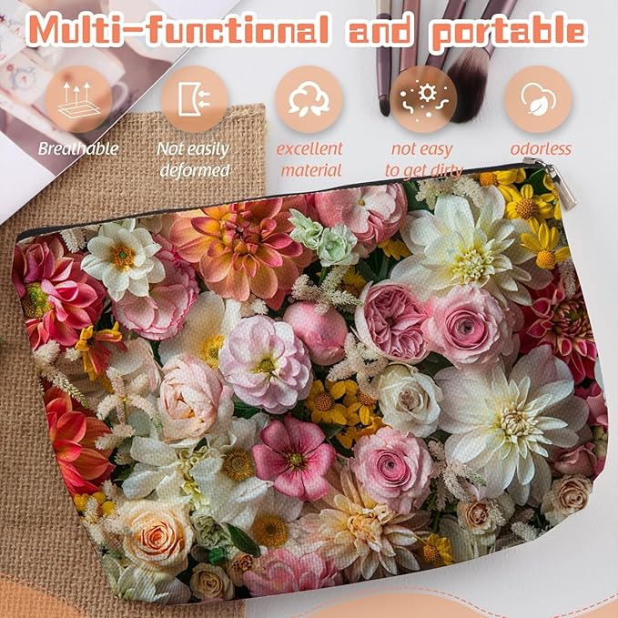 Scribesense Makeup Bag Travel Cosmetic Bags Small Makeup Case Waterproof Zipper Pouch for Women Girls 7X9inches - Exuberant Array of Multicolored Fresh Flowers