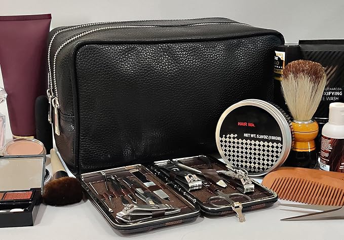 Leather Travel Toiletry Bag for Men, Full Grain Cosmetic Dopp Kit Organizer