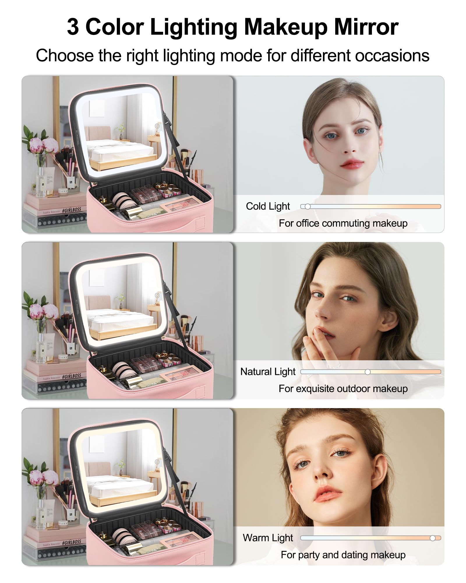 Chomeiu Makeup Bag with LED Mirror, Cute Cosmetic Bags for Women and Girls, Travel Train Case Artists Organizer Large Make Up Bags with 3 Color Light Up Mirror & Removable Brush Compartment, Pink