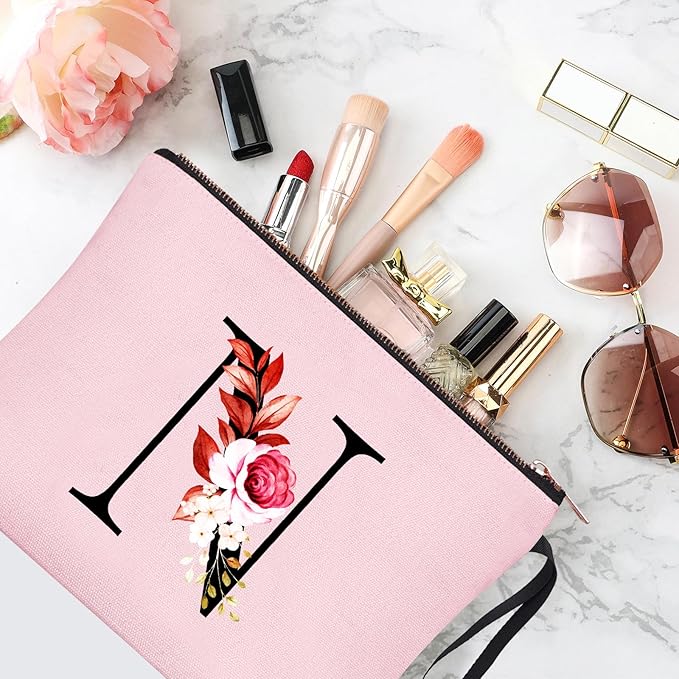 Vavabox A-Z Personalized Makeup Bag, Birthday Gifts for Women Mom, Gifts for Best Friend, Bride Bridesmaid Cosmetic bag (N, 06-Pink)