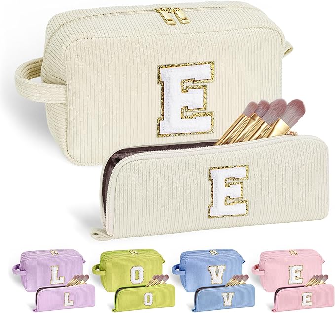 YOOLIFE Travel Makeup Bags for Women - Initial White Small Makeup Bag Makeup Pouch with Brush Pouch Makeup Bag Travel Must Haves 2 Pieces Cute Makeup Bag Best Friend Birthday Gifts for Women Letter E