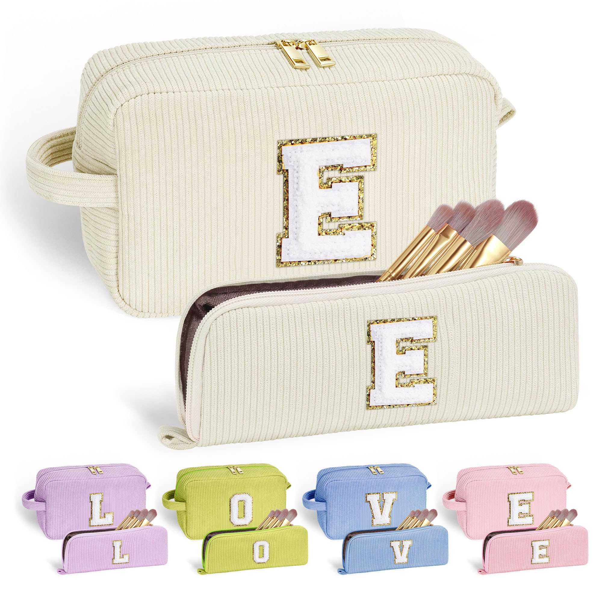 YOOLIFE Travel Makeup Bags for Women - Initial White Small Makeup Bag Makeup Pouch with Brush Pouch Makeup Bag Travel Must Haves 2 Pieces Cute Makeup Bag Best Friend Birthday Gifts for Women Letter E