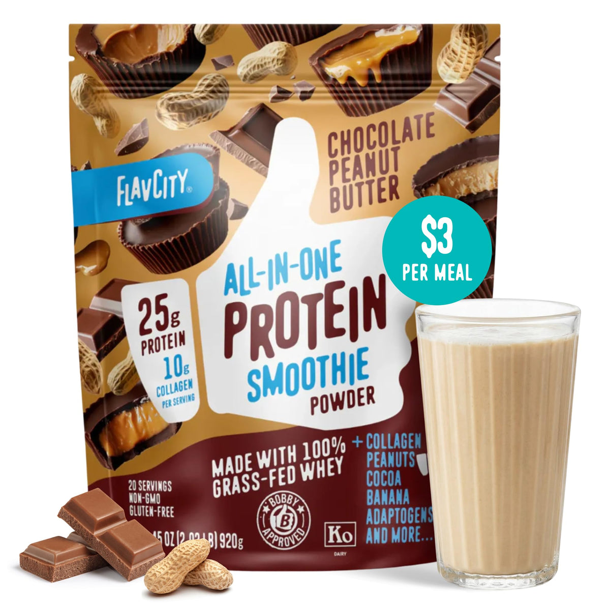 FlavCity Grass Fed Whey Chocolate Protein Powder - Chocolate Peanut Butter - 25g Protein & 10g Collagen - Made with Organic Cocoa & Coconut Milk - Gluten Free & No Added Sugars (20 Servings)
