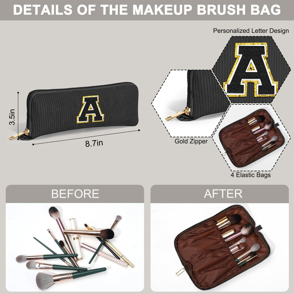 YOOLIFE Women Gifts Travel Makeup Bag - Initial Cosmetic Bag Cute Makeup Bag Travel Essentials Makeup Brush Bag Small Black Girls Makeup Bag Personalized Gifts for Women Her Teen Girl Black Letter A