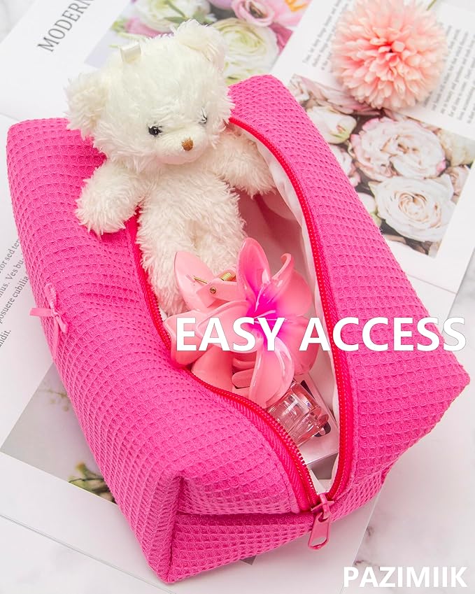PAZIMIIK Cozy Makeup Bag for Women,Zipper Cosmetic Pouch,Waffle Hotpink