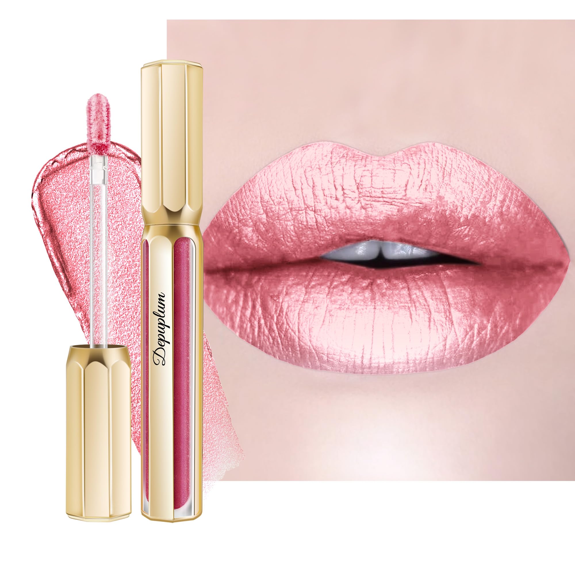 Depuplum Pink Lipsticks for Women Metallic Glitter Lipstick Long Lasting