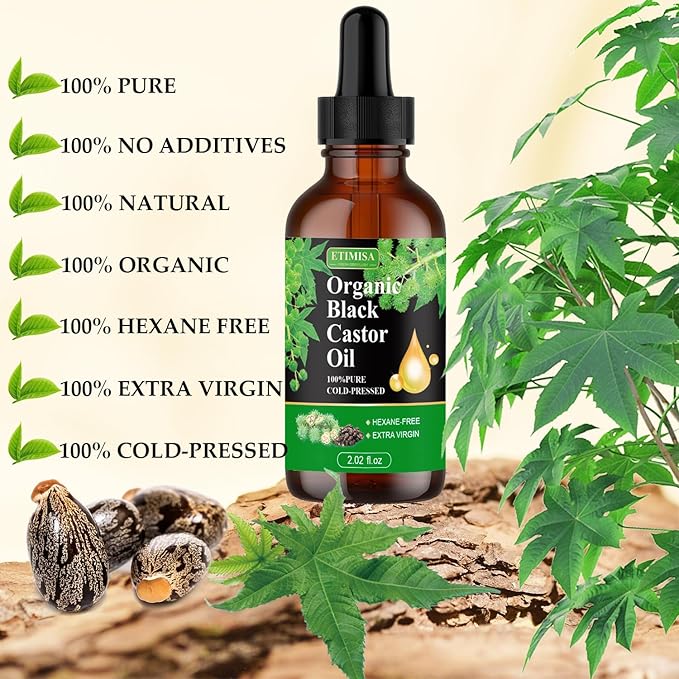 Etimisa Organic Black Castor Oil,100% Pure Natural,Cold Pressed, Glass Bottles, Hair,Eyebrow Care, Skin Care, Castor Oil for Body & Carrier Oil