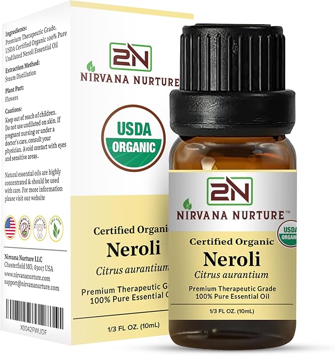 Nirvana Nurture Neroli Essential Oil, USDA Certified Organic, 100% Pure Undiluted, Aromatherapy Oil for Diffuser, Hair & Skin Care