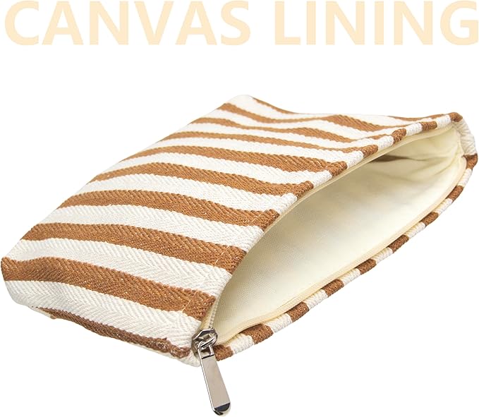 Flat Makeup Bag for Women,Zipper Cosmetic Pouch for Purse,Stripe Coffee