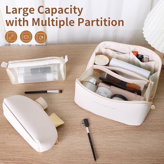 zaleeta 3 Pcs Travel Makeup Bag Portable Large Capacity Cosmetic Bags for Women Open Flat Makeup Case Organizer Bag Set of 3 Waterproof PU Leather Toiletry Bags with Divider and Handle (White, Medium)