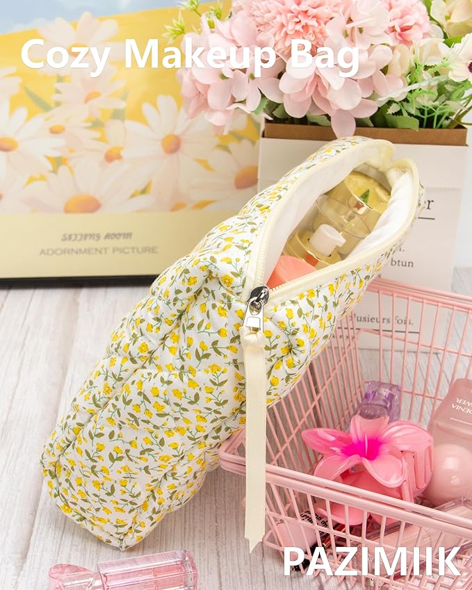 Quilted Makeup Pouch for Women, Travel Cosmetic&Toiletry Bag,Floral Yellow