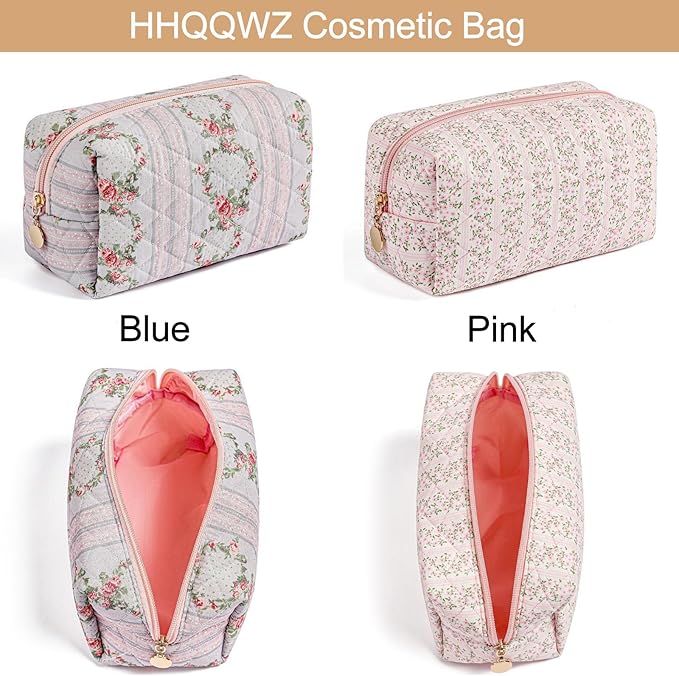 HHQQWZ Makeup Bag Travel Cosmetic Bag for Women Girls, Zipper Make Up Pouch, Floral Flowers Toiletry Organizer Makeup, Portable Storage Bag, Cosmetic Travel Cloth Bag (Blue)