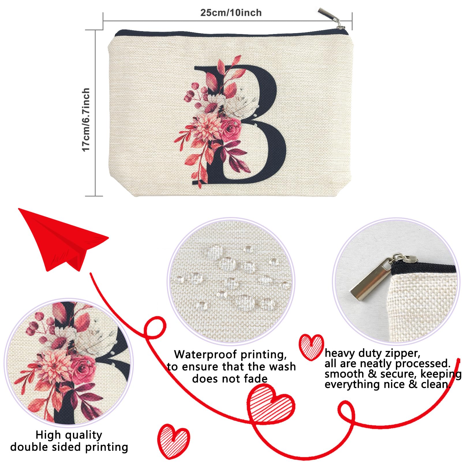 Initial A-Z Personalized Floral Makeup Bag, Monogrammed Birthday Gifts for Women Mom, Mothers Day Christmas Gift Ideas for Best Friend, Bride Bridesmaid, Her, Grandma, Small Travel Cosmetic Bag (B)