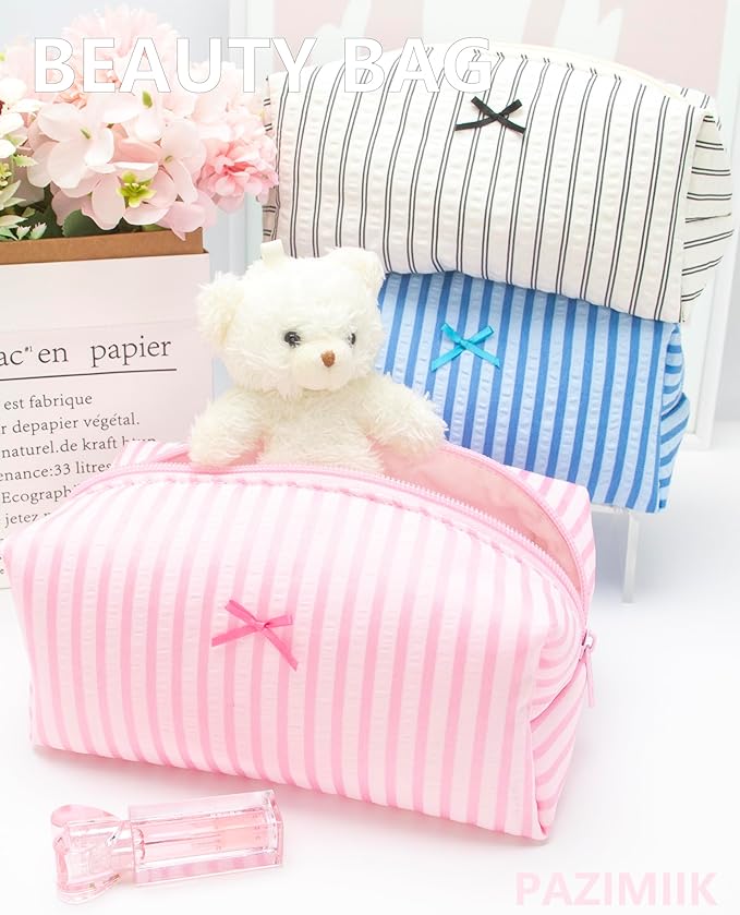 Cozy Makeup Bag for Women,Zipper Cosmetic Pouch,Stripe Cute Pink,6 Pack