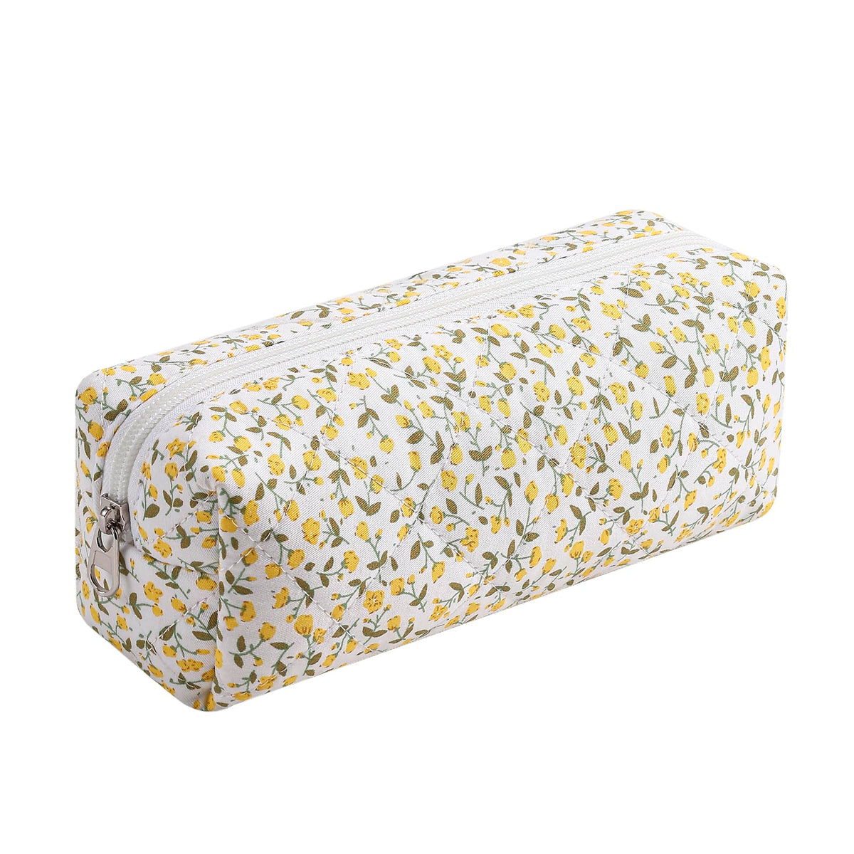 HHQQWZ Cute Floral Cotton Makeup Brush Cosmetic Bag for Women, Travel Quilted Zipper Make Up Bag, Flowers Toiletry Organizer Case Kawaii Makeup Cosmetic Travel Cloth Pouch (Navy Blue Flower)