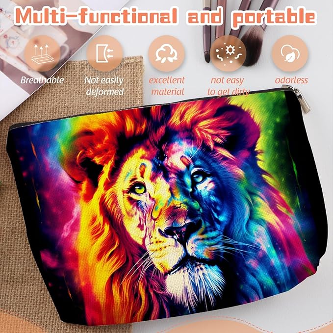 Scribesense Makeup Bag Travel Cosmetic Bags Small Makeup Case Waterproof Zipper Pouch for Women Girls 7X9inches - Fantasy - Style Lion Portrait in Vivid Colors
