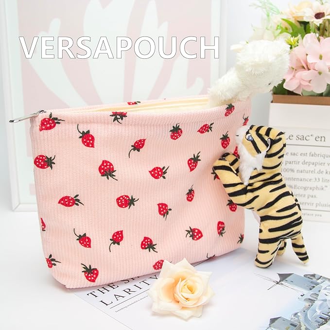 Flat Makeup Bag for Women,Zipper Cosmetic Pouch for Purse,Strawberry Pink