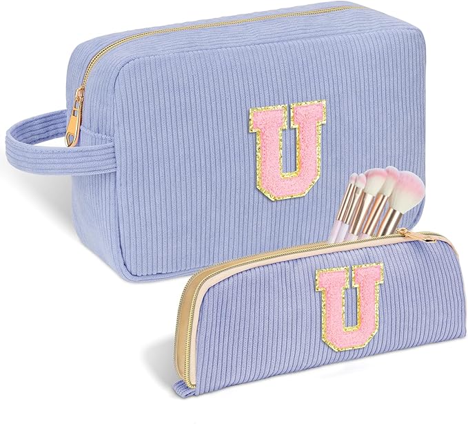 Sernaxi Personalized Initial Makeup Bag Trendy Stuff Corduroy Cosmetic Bag Travel Toiletry Bag, Valentine’s Day Gift Makeup Organizer Case & Makeup Pouch for Women Teen Girls Mom Girlfriend Wife