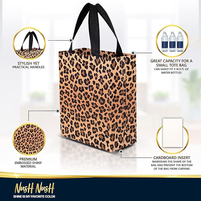 Nush Nush Medium Leopard Gift Bags with Handles, 8 x 4 x 10, Set of 12