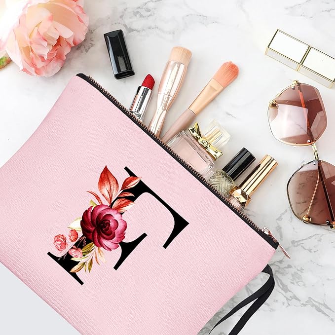 Vavabox A-Z Personalized Makeup Bag, Birthday Gifts for Women Mom, Gifts for Best Friend, Bride Bridesmaid Cosmetic bag (F, 06-Pink)
