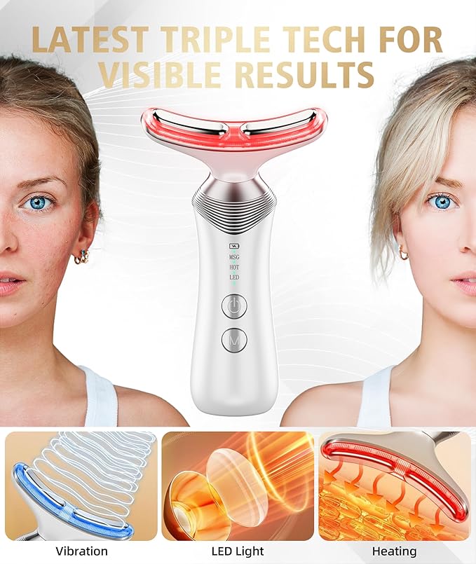 Dopsikn 9-in-1 Red-Light-Therapy-for-Face-and-Neck, Portable Facial Massager Tool with Adjustable Vibration & Thermals for Wrinkles, Double Chin, White