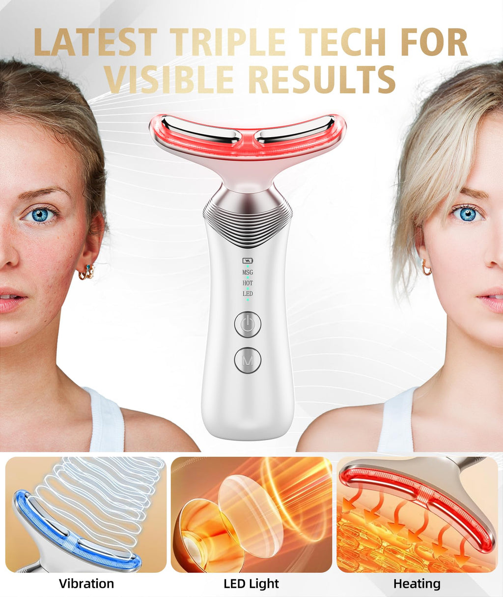 Dopsikn 9-in-1 Red-Light-Therapy-for-Face-and-Neck, Portable Facial Massager Tool with Adjustable Vibration & Thermals for Wrinkles, Double Chin, White