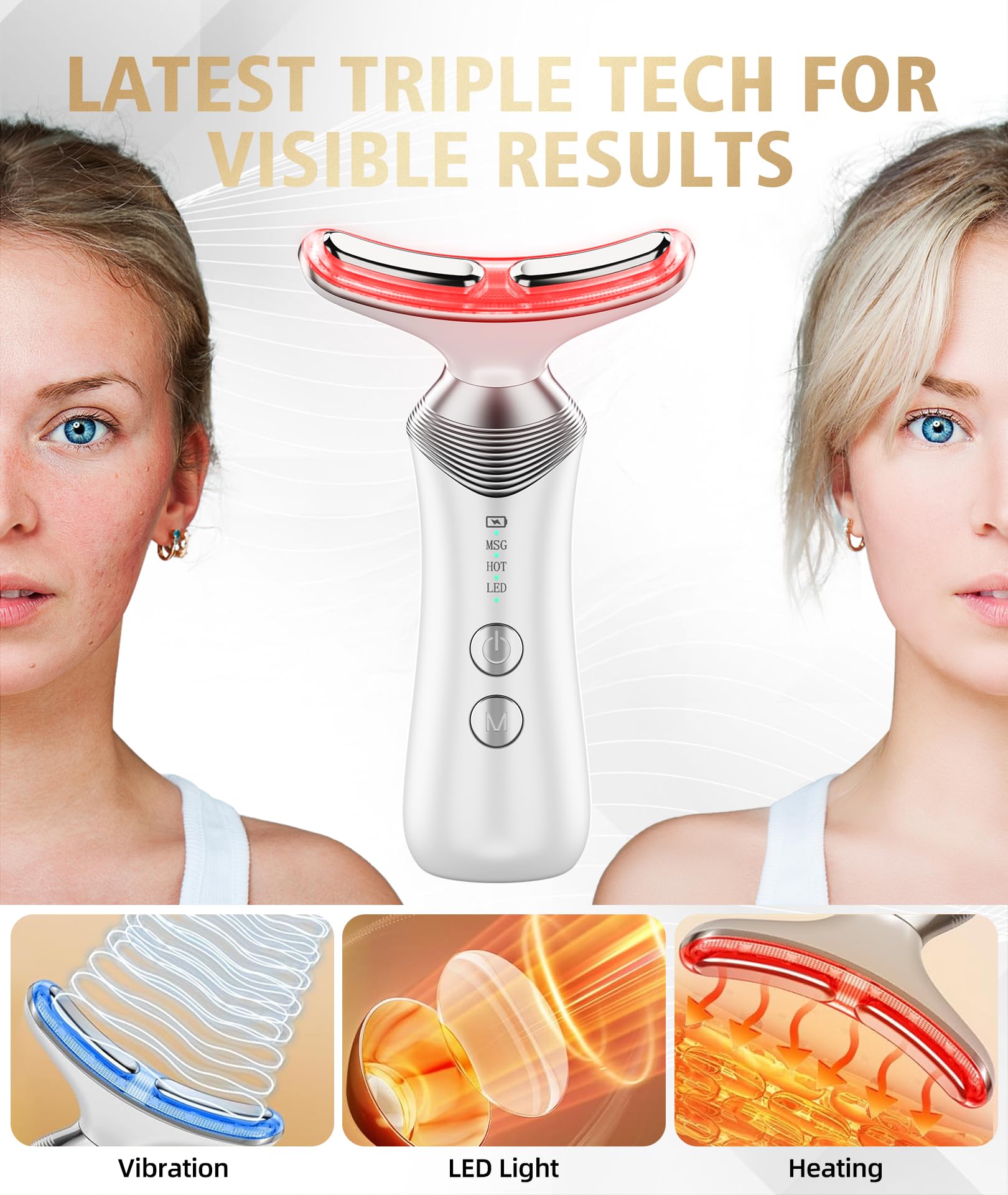 Dopsikn 9-in-1 Red-Light-Therapy-for-Face-and-Neck, Portable Facial Massager Tool with Adjustable Vibration & Thermals for Wrinkles, Double Chin, White