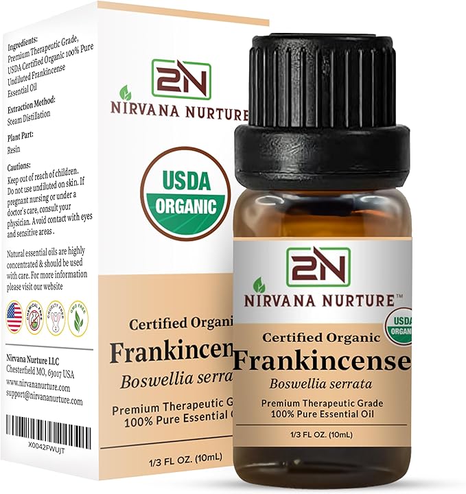 Nirvana Nurture Frankincense Essential Oil, USDA Certified Organic, 100% Pure Undiluted, Aromatherapy Oil for Diffuser, Hair & Skin Care