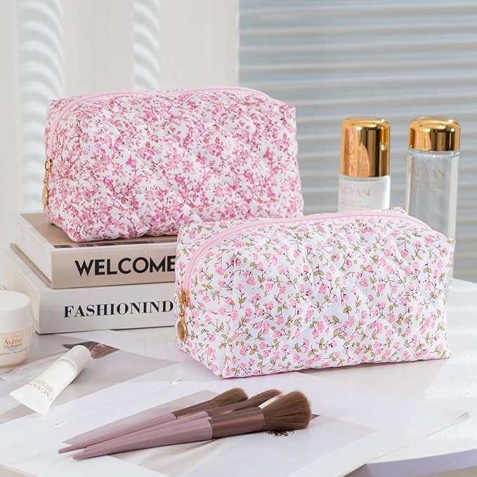UUYUUY Makeup Bag Travel Toiletry Bag for Women, Small Cosmetic Bags Cute Quilted Cotton Makeup Pouch for Purse Emergency Bag Floral Pencil Case Accessory Bag, Pink