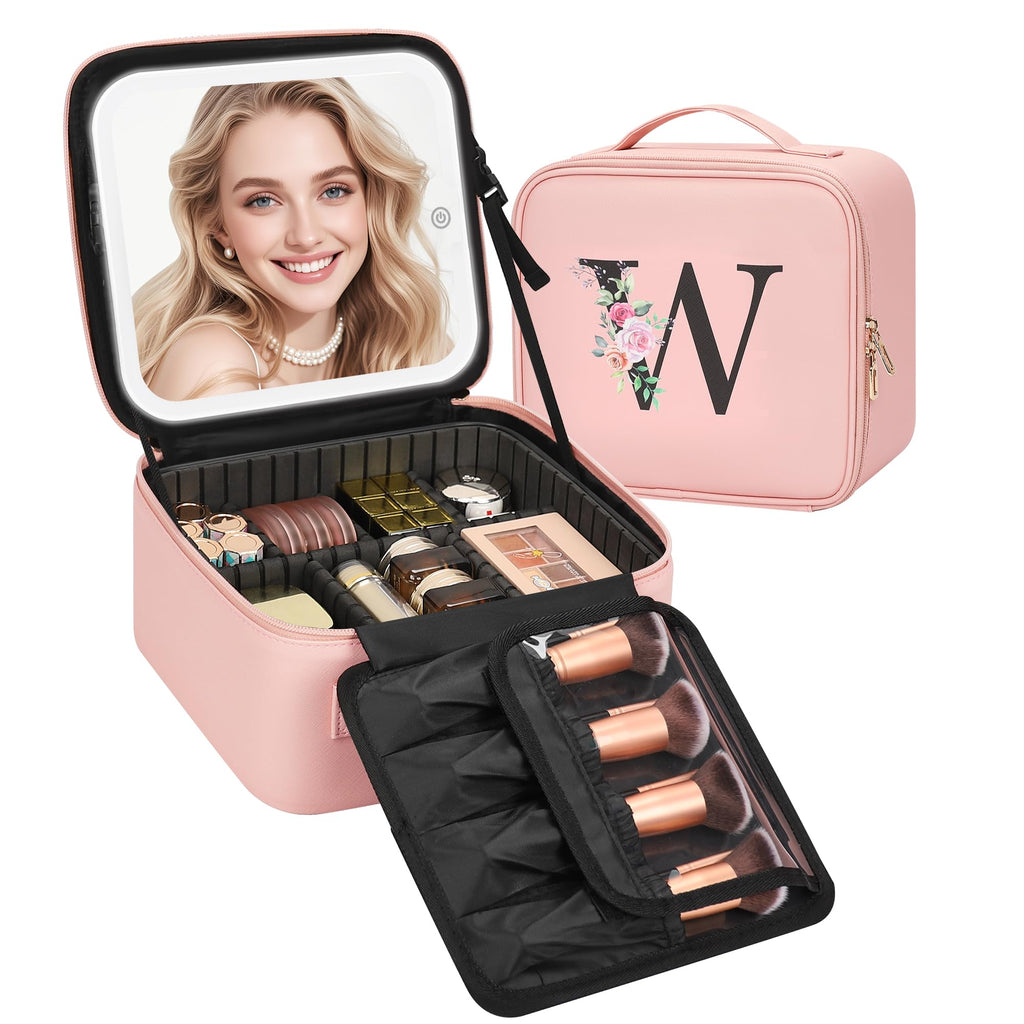 Relavel Initial Makeup Bag with LED Mirror for Women Girls, Personalized Travel Cosmetic Organizer Train Case, Birthday Gifts for Grandkids Bridesmaid Graduation Teacher Friends, Trendy Stuff, Pink W