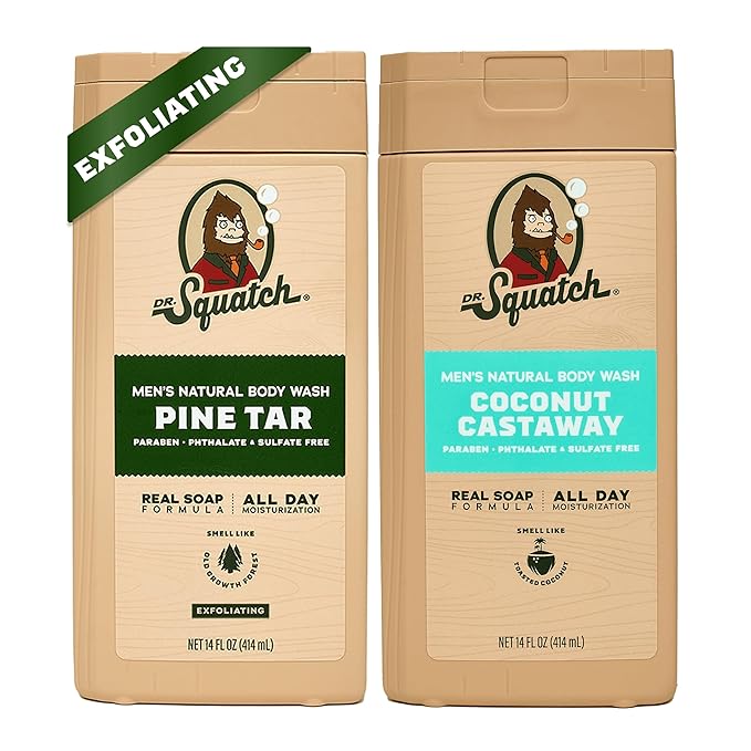 Dr. Squatch Natural Men's Body Wash Shower Gel - Cleansing, Nourishing, Long Lasting Scent, Moisturizing Body Wash for Men - Pine Tar + Coconut Castaway (14 oz, 2-Pack)