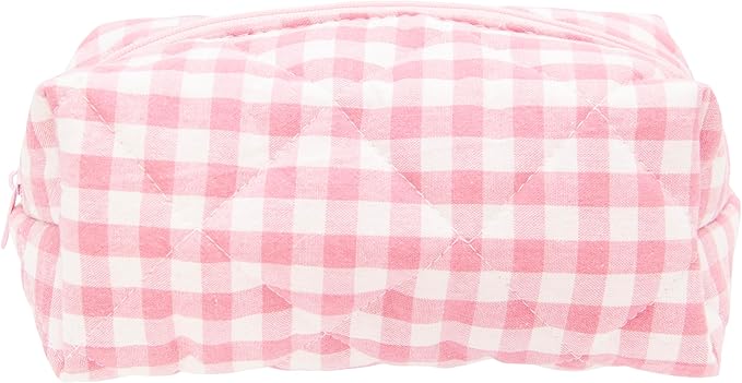 PAZIMIIK Cozy Makeup Bag for Women,Zipper Cosmetic Pouch,Checkered Pink