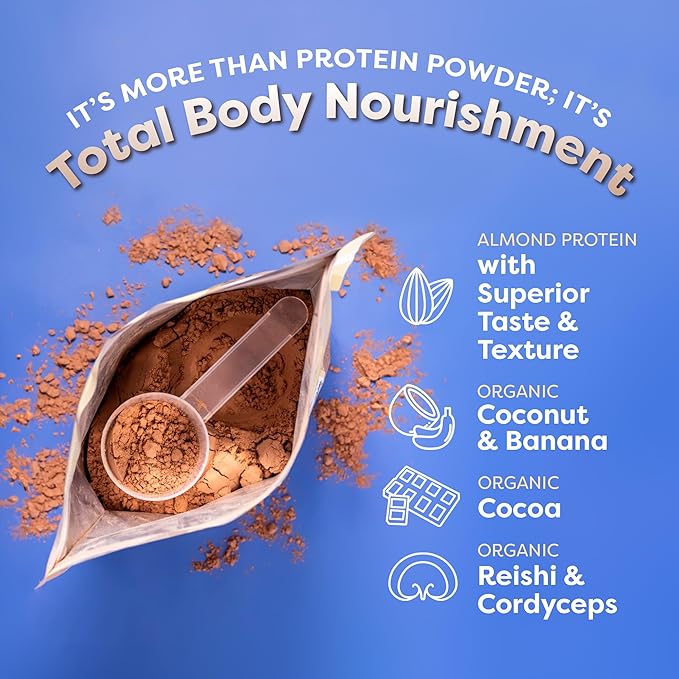FlavCity Vegan Almond Protein Shake Powder, Chocolate Peanut Butter + Reishi & Cordyceps Mushrooms - Focus, Skin, Hair & Joint Support - All in One Smoothie for On-the Go, 20 Servings