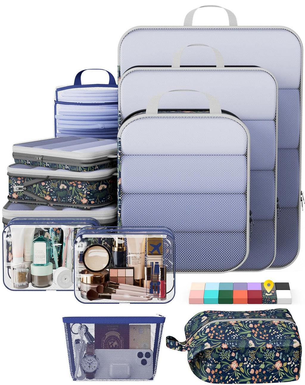Veken 11 Set Compression Seting Cubes Garment Bags for Travel Essentials,Compressible Expandable Luggage Organizer Bags for Clothing,Space Saver Bags with Over 99 pcs of Mesh Holes(Dark Blue Floral)
