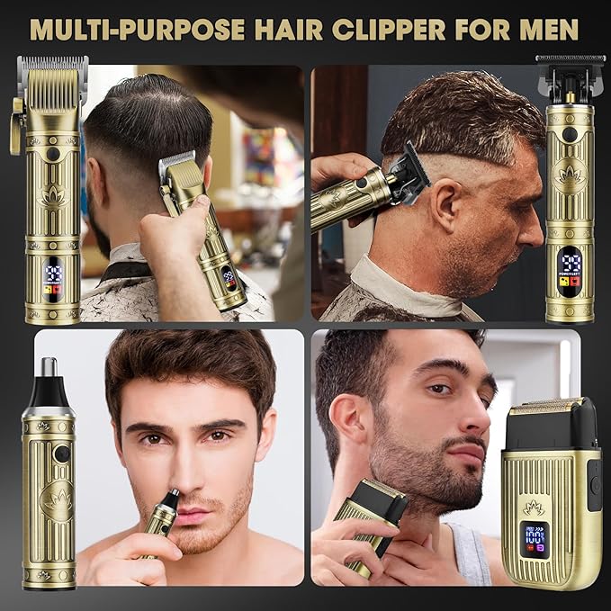 QREEYX Professional Hair Clippers for Men, Cordless Beard Trimmer, Nose & Ear Hair Trimmer, Electric Shavers Barber Kit with LED Display, Hair Cutting Kit with Case, for Barber, Mens Gift