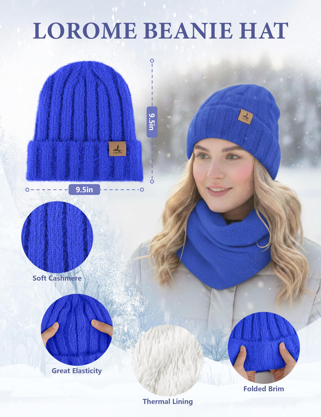 LOROME Winter Beanie Hat Gloves Scarf, Cashmere Hat Gloves Scarf Set Women