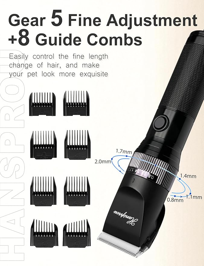 Hansprou Dog Clippers for Grooming, 12V Professional Dog Clippers，Heavy Dutt Corded Pet Hair Trimmer Pet Trimmer for Thick Hair with Guard Combs Brush