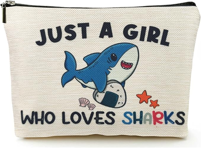 Suemetic Shark Gifts for Women Makeup Bag, Cute Shark Themed Gifts for Shark Lovers Girls Kids Accessories, Just A Girl Who Loves Sharks Cosmetic Stuff Pouch, Birthday Christmas Decorations
