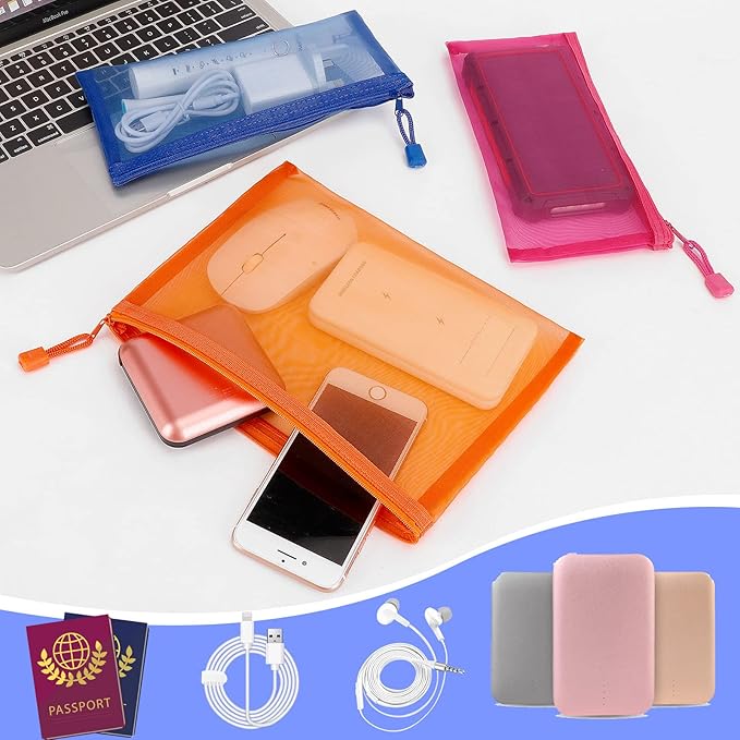 Sinzip 12 Pieces Zipper Nylon Mesh Pouch, Mesh Cosmetic Bags Makeup Bags Pencil Case, Multipurpose Travel Bags for Cosmetic School Office Supplies and Travel Accessories (Multicolored 01, A5+B6)