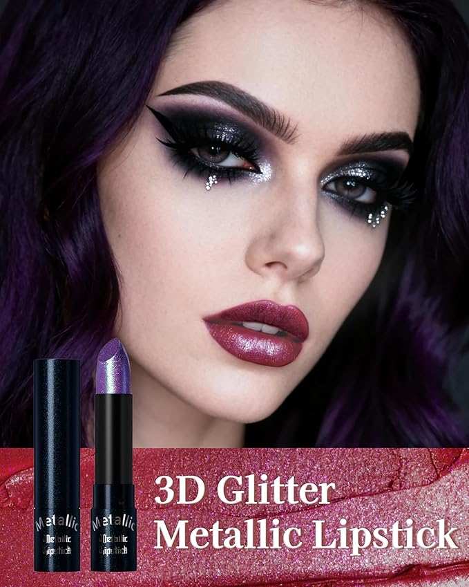 Caedelfly Plum Metallic Lipstick, Glitter Shimmer Lipstick for Halloween-10