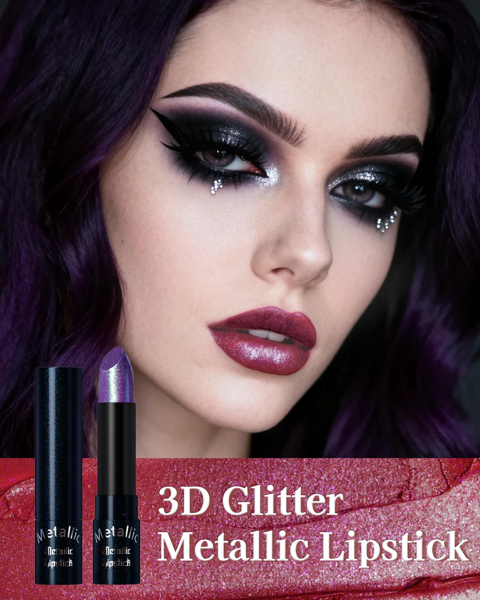 Glitter Metallic Shimmer Lipstick, Dark Plum Lipstick Long Lasting, Diamond High Pigmented Shiny Metallic Lip Stick, Non-sticky Sparkly Purple Lipsticks for Women Christmas Makeup-10 Dark Plum