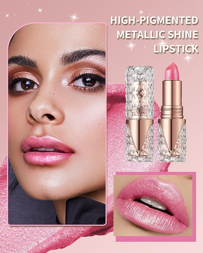 Metallic Coral Pink Lipstick for Women,Long Lasting Glitter Lipstick Makeup