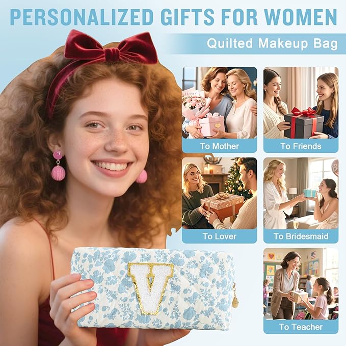 Personalized Quilted Cosmetic Bag, Puffy Monogrammed Christmas Birthday Gifts for Women & Girls, Cute initial Floral Makeup Bag Puffer Coquette Bag, Aesthetic Travel Toiletry Zipper Pouch(Blue,V)