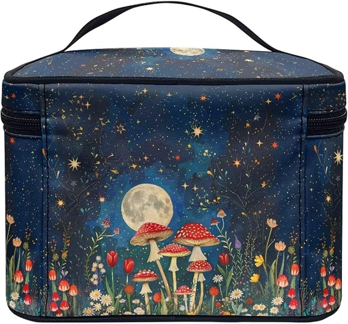Drydeepin Vintage Mushroom Moon Starry Night Print Makeup Bag for Women Ladies Portable Cosmetic Bag with Zipper and Carry Handle Make Up Tote Bags Toiletry Case Organizer