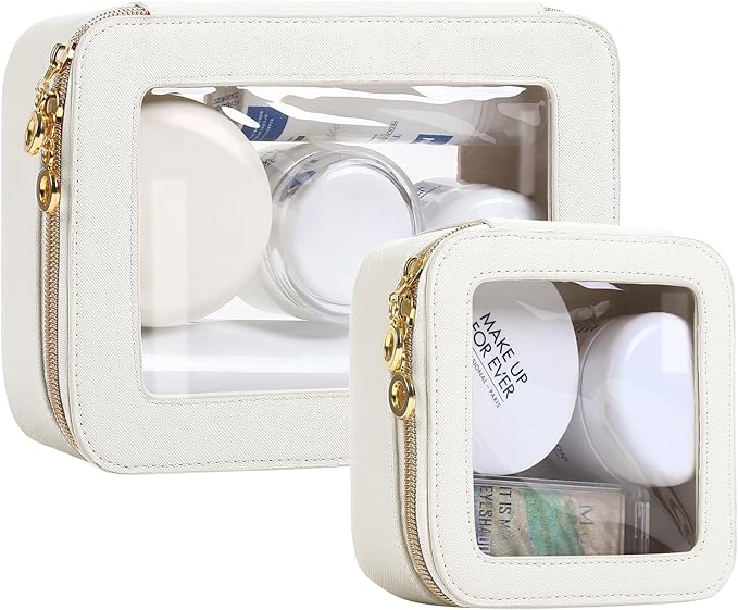 JRQCSJY Leather Clear Makeup Bags Set - Travel Clear Cosmetic Bag Case with Zipper, Transparent TSA Approved Toiletry Bags for Travel Essentials Car Accessories for Women (White, S+M)