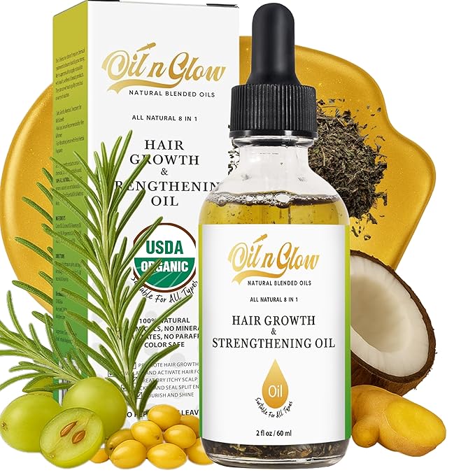OilnGlow USDA Certified Organic 9 in 1 Natural Hair Serum for Hair Growth, & Strengthening With Rosemary Oil for Hair Growth, & Scalp DHT Blocker Peppermint Hair Oil Growth 2 FL